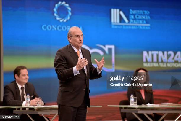 Humberto de la Calle presidential candidate speaks during the 2018 Americas Initiative Presidential Debate at Noticias RCN Studios on April 19, 2018...