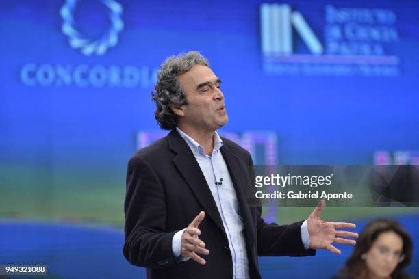 Sergio Fajardo presidential candidate speaks during the 2018 Americas Initiative Presidential Debate at Noticias RCN Studios on April 19, 2018 in...