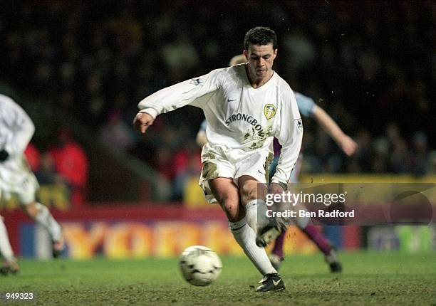 Ian Harte of Leeds United scores from the penalty spot during the FA Carling Premiership match against Aston Villa played at Villa Park, in...