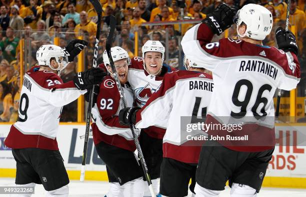 Gabriel Landeskog celebrates his goal with Nikita Zadorov, Tyson Barrie, Nathan MacKinnon and Mikko Rantanen of the Colorado Avalanche against the...