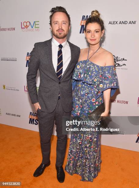 Aaron Paul and Lauren Parsekian attend the 25th Annual Race To Erase MS Gala at The Beverly Hilton Hotel on April 20, 2018 in Beverly Hills,...