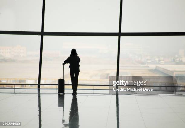 silhouette of travelers in airport - luggage stockfoto's en -beelden