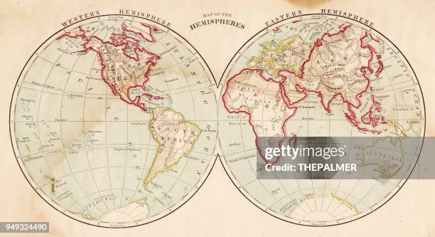 ilustrações de stock, clip art, desenhos animados e ícones de map of the world in hemispheres 1877 - mapa múndi