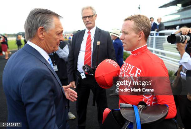 Kerrin McEvoy talks to Trainer Peter Snowden after winning race 5 on Moss Trip during the All Aged Stakes Day as part of Sydney Racing at Royal...