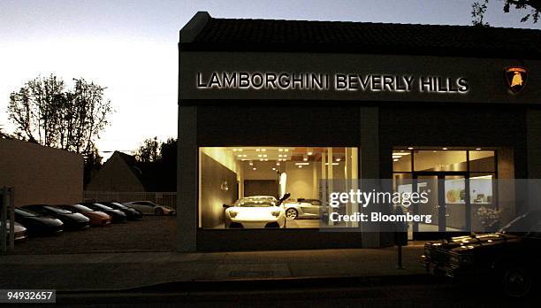 Lamborghini Murcielago LP 640 Roadster, center, sits on display at the company's newest dealership in Beverly Hills, California, U.S., on Tuesday,...