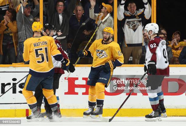 Nick Bonino celebrates his goal with Austin Watson of the Nashville Predators against the Colorado Avalanche in Game Five of the Western Conference...