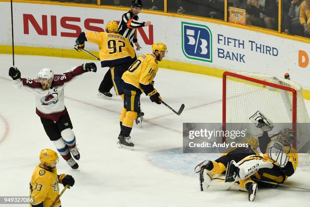 Colorado Avalanche left wing Gabriel Landeskog celebrates his gaol against Nashville Predators goaltender Pekka Rinne in the third period for game 5...