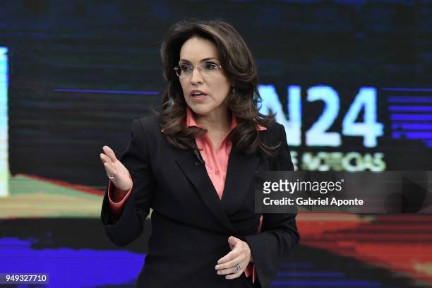 Vivian Morales presidential candidate speaks during the 2018 Americas Initiative Presidential Debate at Noticias RCN Studios on April 19, 2018 in...