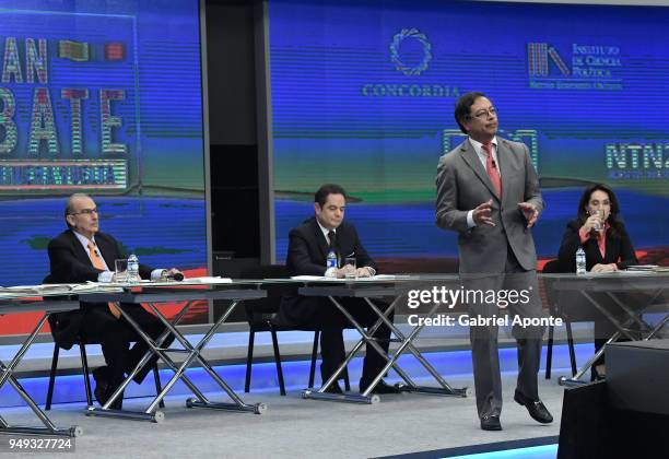 Gustavo Petro presidential candidate speaks during the 2018 Americas Initiative Presidential Debate at Noticias RCN Studios on April 19, 2018 in...