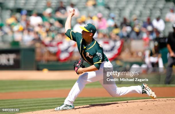 Daniel Gossett of the Oakland Athletics pitches during the game against the Los Angeles Angels of Anaheim at the Oakland Alameda Coliseum on April 1,...