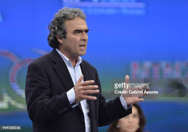 Sergio Fajardo presidential candidate speaks during the 2018 Americas Initiative Presidential Debate at Noticias RCN Studios on April 19, 2018 in...