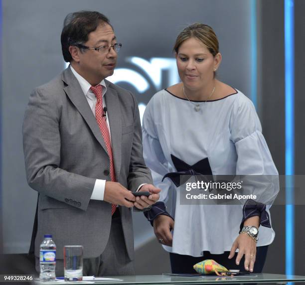 Gustavo Petro presidential candidate talks with his wife, Veronica Alcocer Garcia, in a break during the 2018 Americas Initiative Presidential Debate...