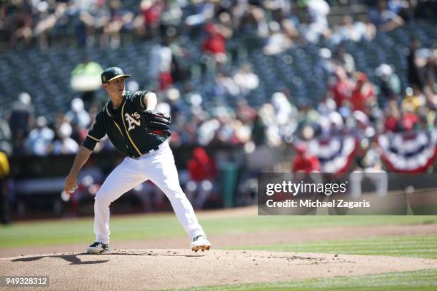 Daniel Gossett of the Oakland Athletics pitches during the game against the Los Angeles Angels of Anaheim at the Oakland Alameda Coliseum on April 1,...