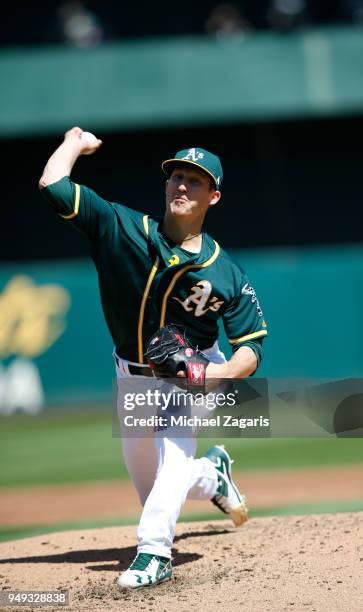 Daniel Gossett of the Oakland Athletics pitches during the game against the Los Angeles Angels of Anaheim at the Oakland Alameda Coliseum on April 1,...