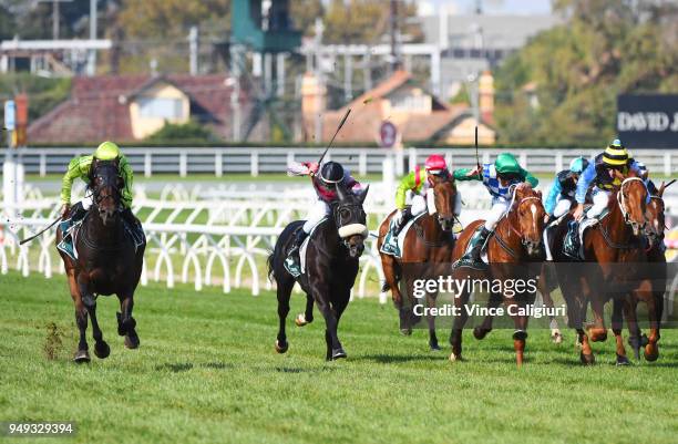 Luke Nolen riding Self Sense wins Race 4 during Melbourne Racing at Caulfield Racecourse on April 21, 2018 in Melbourne, Australia.