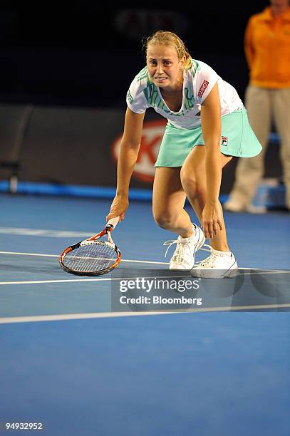 Jelena Dokic of Australia reacts after winning her match against Alisa Kleybanova of Russia on day seven of the Australian Open Tennis Championship,...