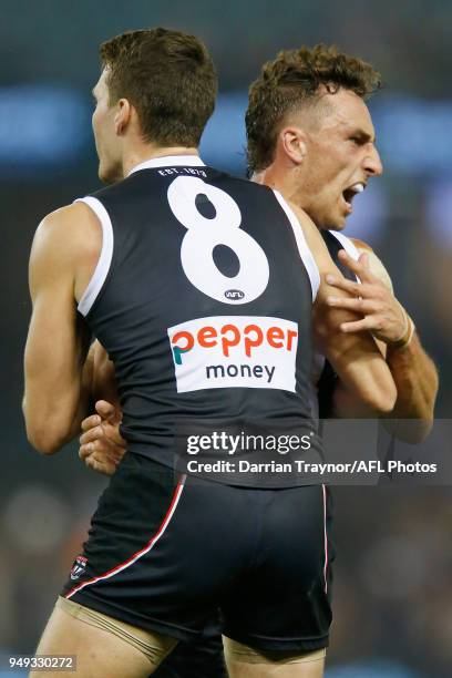 Luke Dunstan of the Saints celebrates a goal during the round five AFL match between the St Kilda Saints and the Greater Western Sydney Giants at...