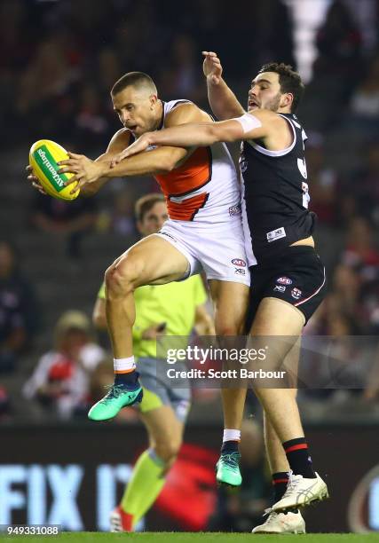 Brett Deledio of the Giants marks the ball during the round five AFL match between the St Kilda Saints and the Greater Western Sydney Giants at...