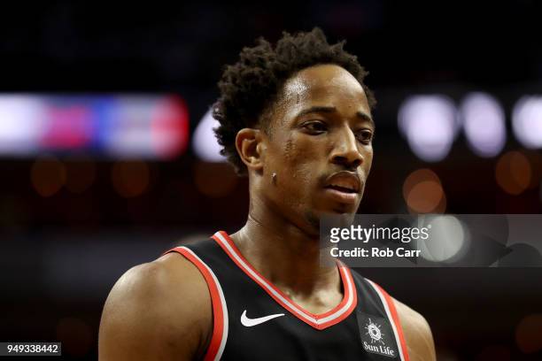 DeMar DeRozan of the Toronto Raptors walks off the court during the first half against the Washington Wizards during Game Three of Round One of the...