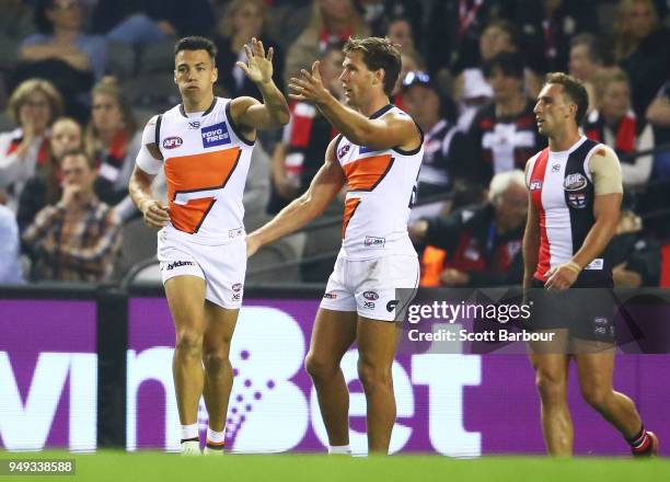 Dylan Shiel of the Giants celebrates after kicking a goal during the round five AFL match between the St Kilda Saints and the Greater Western Sydney...