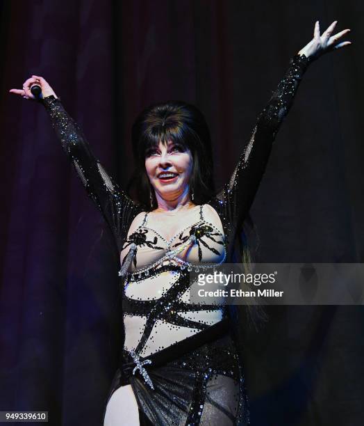 Cassandra "Elvira, Mistress of the Dark" Peterson performs as she hosts the Viva Las Vegas Rockabilly Weekend's Burlesque Showcase at the Orleans...
