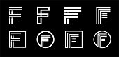 Capital letter F. Modern set for monograms, logos, emblems, initials. Made of white stripes Overlapping with shadows.