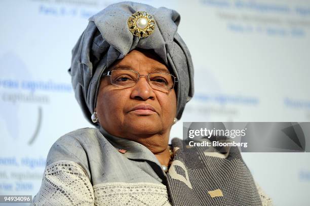 Ellen Johnson Sirleaf, Liberia's president, listens at the