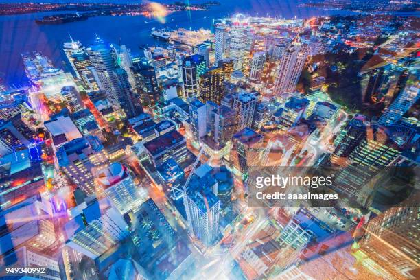 aerial view of auckland night cityscape,new zealand - new zealand night stock pictures, royalty-free photos & images