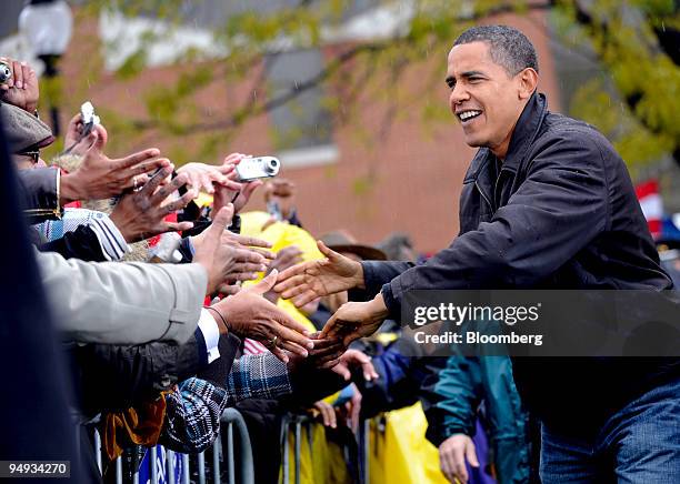 Senator Barack Obama of Illinois, Democratic presidential candidate, greets supporters during a campaign rally in Chester, Pennsylvania, U.S., on...