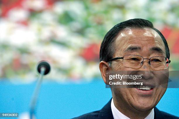 Ban Ki-moon, U.N. Secretary-general, gestures in the main plenary hall where international discussions take place at the United Nations Climate...