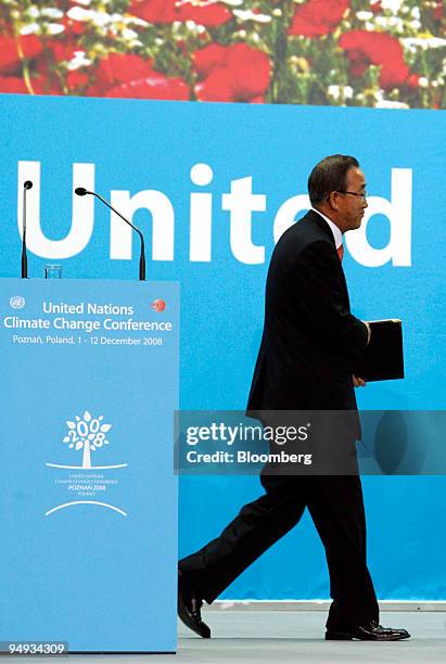 Ban Ki-moon, U.N. Secretary-general, leaves in the main plenary hall where international discussions take place at the United Nations Climate Change...