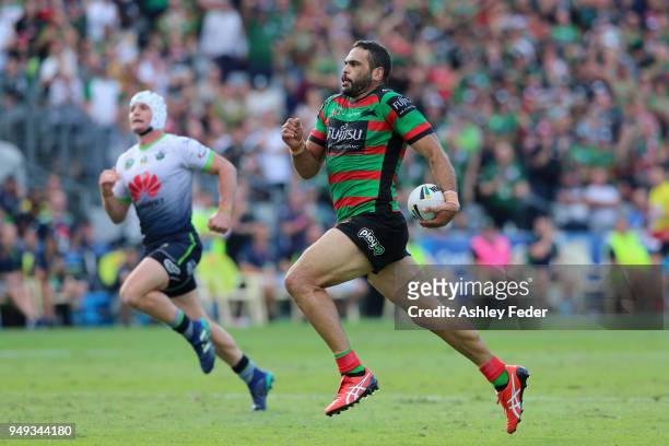 Greg Inglis of the Rabbitohs makes a break during the round seven NRL match between the South Sydney Rabbitohs and the Canberra Raiders at Central...