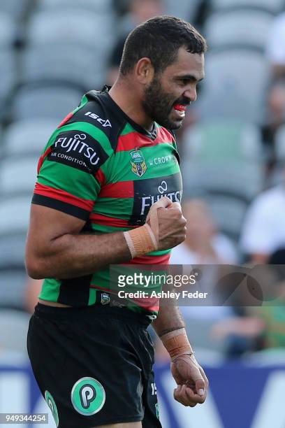 Greg Inglis of the Rabbitohs celebrates his try with team mates during the round seven NRL match between the South Sydney Rabbitohs and the Canberra...