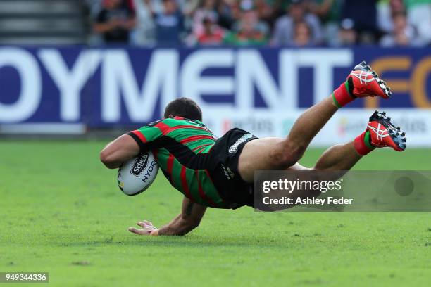 Greg Inglis of the Rabbitohs scores a try during the round seven NRL match between the South Sydney Rabbitohs and the Canberra Raiders at Central...