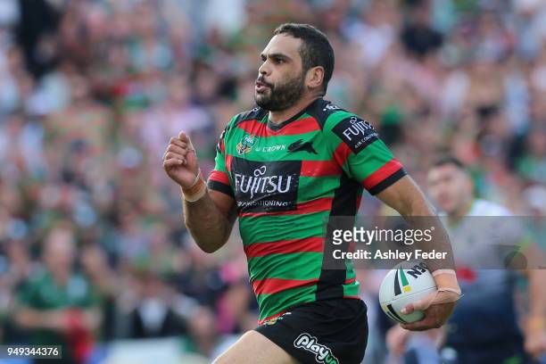 Greg Inglis of the Rabbitohs makes a break during the round seven NRL match between the South Sydney Rabbitohs and the Canberra Raiders at Central...
