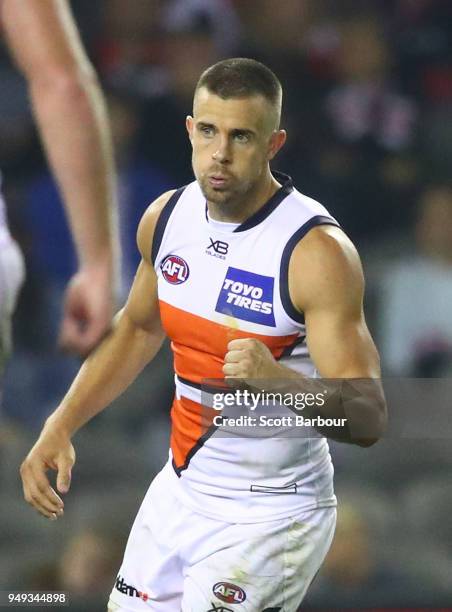 Brett Deledio of the Giants celebrates after kicking a goal during the round five AFL match between the St Kilda Saints and the Greater Western...