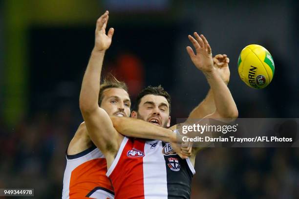 Phil Davis of the Giants spoils Paddy McCartin of the Saints during the round five AFL match between the St Kilda Saints and the Greater Western...