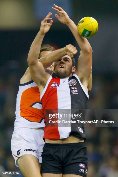 Phil Davis of the Giants spoils Paddy McCartin of the Saints during the round five AFL match between the St Kilda Saints and the Greater Western...