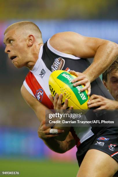 Sebastian Ross of the Saints is tackled during the round five AFL match between the St Kilda Saints and the Greater Western Sydney Giants at Etihad...