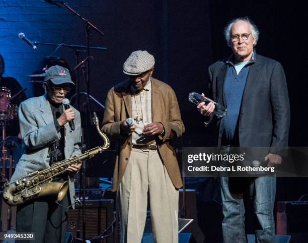 Jimmy Heath, Albert Heath of The Heath Brothers and Chevy Chase perform at the 16th Annual A Great Night in Harlem Gala at The Apollo Theater on...