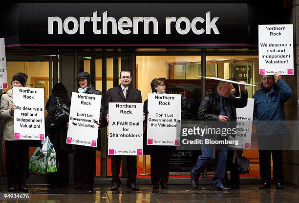 Northern Rock shareholders protest outside one of its branches in London, U.K., on Monday, Jan. 12, 2009. The Government's nationalisation of...