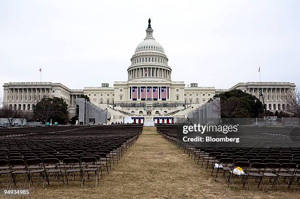 Thousands of chairs sit on the West Front of the U.S. Capitol in preparation for the presidential inauguration in Washington, D.C., U.S., on Tuesday,...