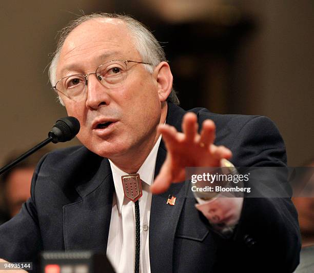 Senator Ken Salazar, a Democrat from Colorado, testifies at a hearing of the Senate Energy and Natural Resources Committee on his nomination to be...
