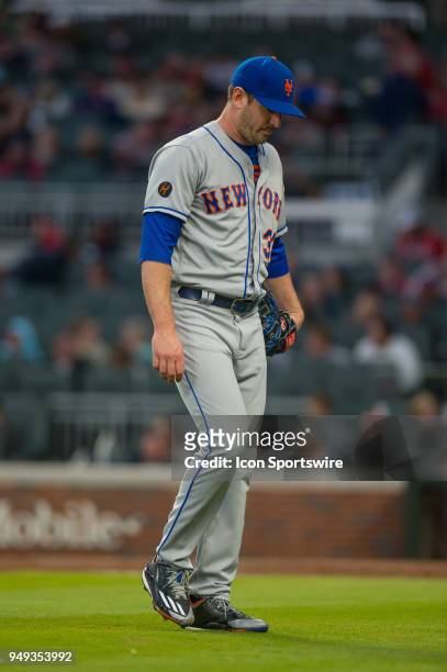 New York Mets Starting pitcher Matt Harvey walks off the mound during a Major League Baseball game between the New York Mets and the Atlanta Braves...