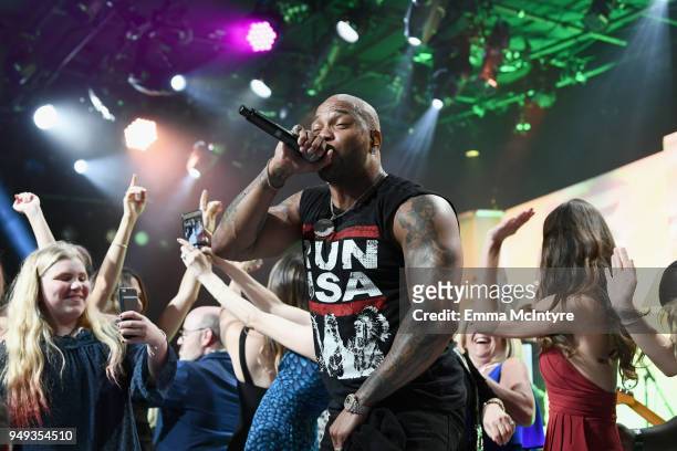 Flo Rida performs onstage at the 25th Annual Race To Erase MS Gala at The Beverly Hilton Hotel on April 20, 2018 in Beverly Hills, California.