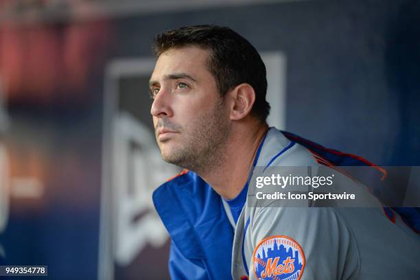 April 19: New York starting pitcher Matt Harvey looks on from the dugout during a game between Atlanta and New York on April 19, 2018 at SunTrust...