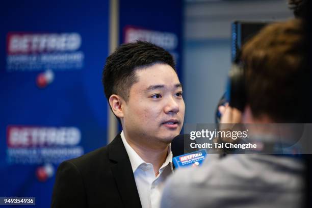 Ding Junhui of China attends a media day ahead of 2018 World Snooker Championship at Crucible Theatre on April 20, 2018 in Sheffield, England.