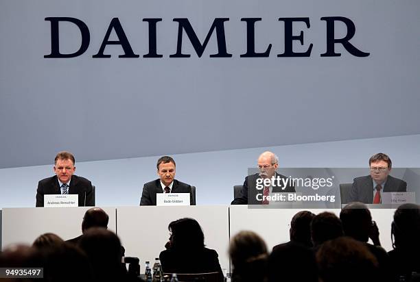 Left to right: Andreas Renschler, Daimler AG management board member, Bodo Uebber, the company's chief financial officer, Dieter Zetsche, the...