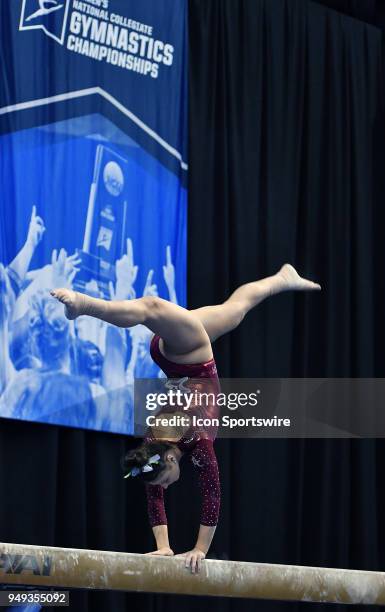 Abby Armbrecht of Alabama competes on the bars during the NCAA Women's Gymnastics National Championship first round on April 20 at Chaifetz Arena,...