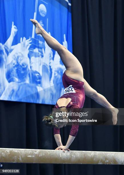 Peyton Ernst of Alabama performs on the beam during the NCAA Women's Gymnastics National Championship first round on April 20 at Chaifetz Arena, St....